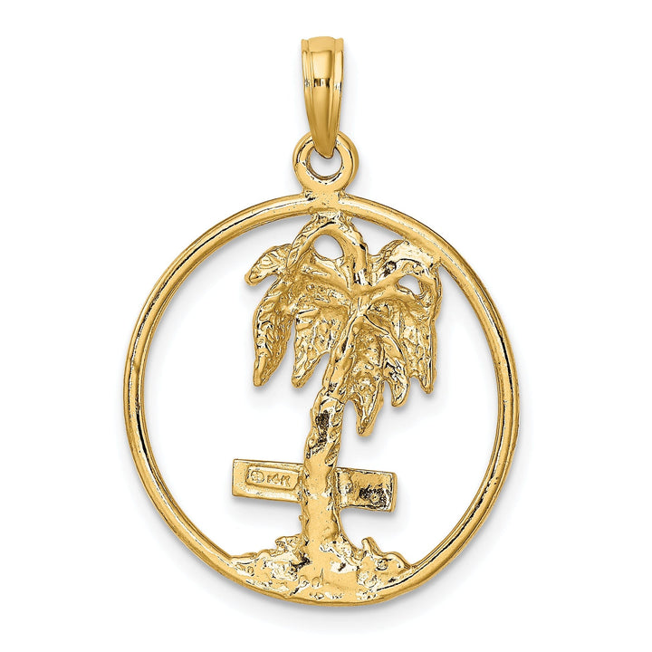 14K Yellow Gold Textured Polished Finish MARCO ISLAND Banner Sign on Palm Tree in Circle Design Charm Pendant