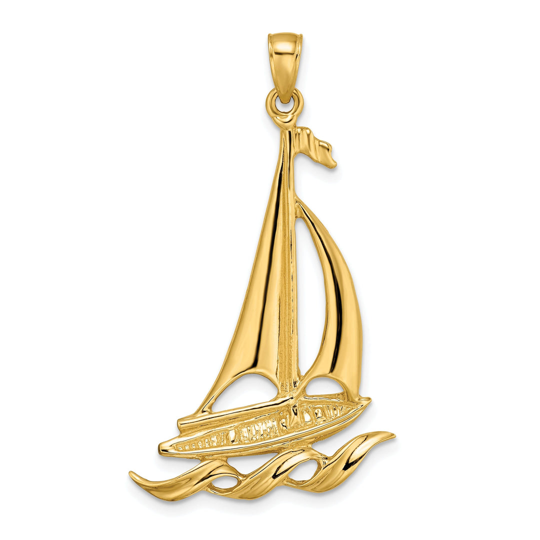 14k Yellow Gold Polished Finish Sailboat with Waves Design Charm Pendant