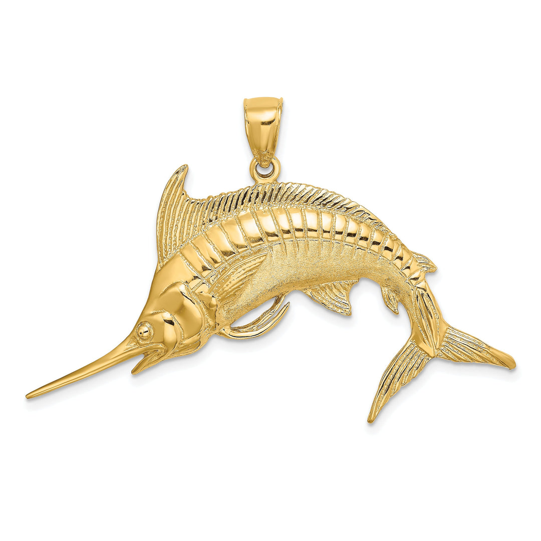 14K Yellow Gold 2D Textured Polished Solid Satin Finish Blue Marlin Fish Charm Pendant