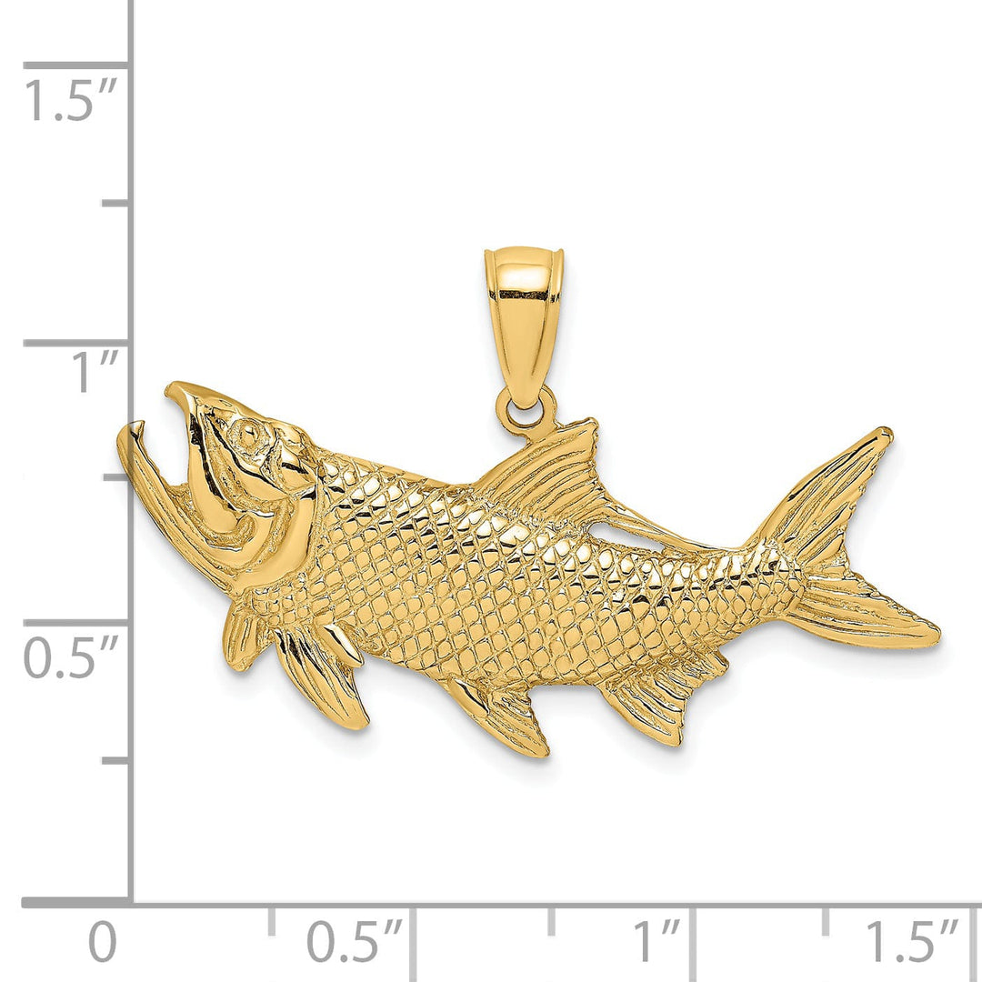 14K Yellow Gold Polished Textured Finish Tarpon Fish with Open Mouth Design Charm Pendant