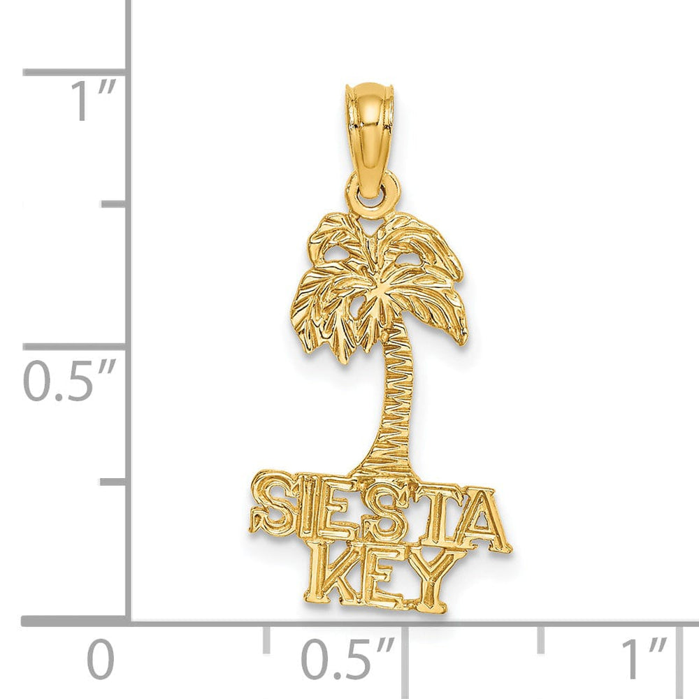 14K Yellow Gold Polished Texture Finish SIESTA KEY Under Palm Tree Sign Charm Pendant