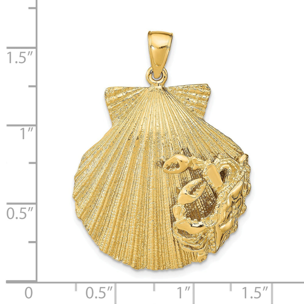 14k Yellow Gold Textured Polished Finish Sea Scallop Shell with CrabDesign Charm Pendant
