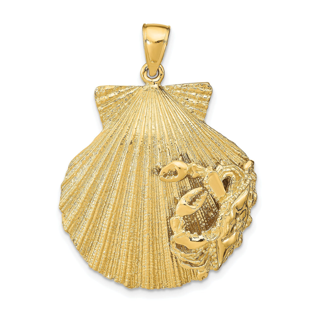 14k Yellow Gold Textured Polished Finish Sea Scallop Shell with CrabDesign Charm Pendant