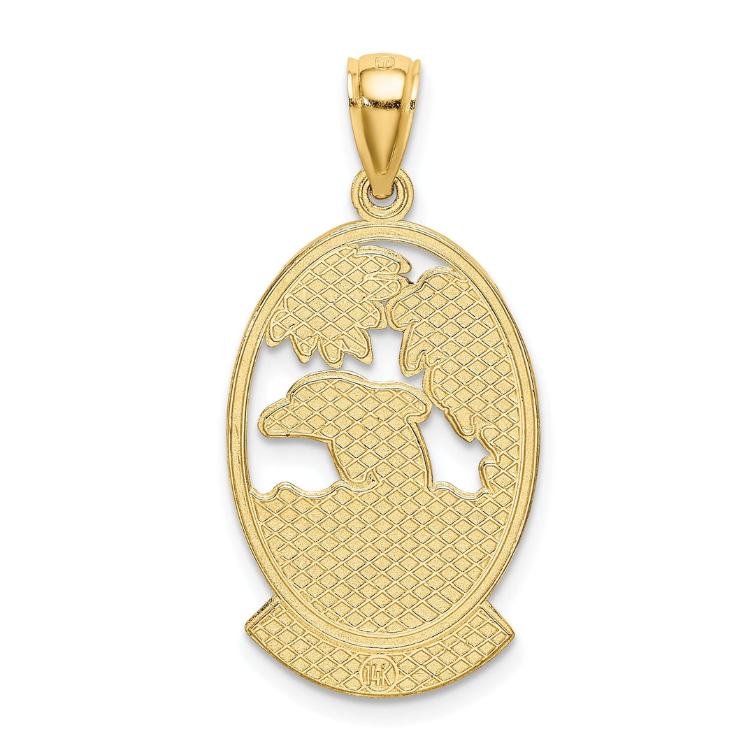 14K Yellow Gold Polished Finish TURKS & CAICOS with Dolphin Sunset Scene Design Charm Pendant