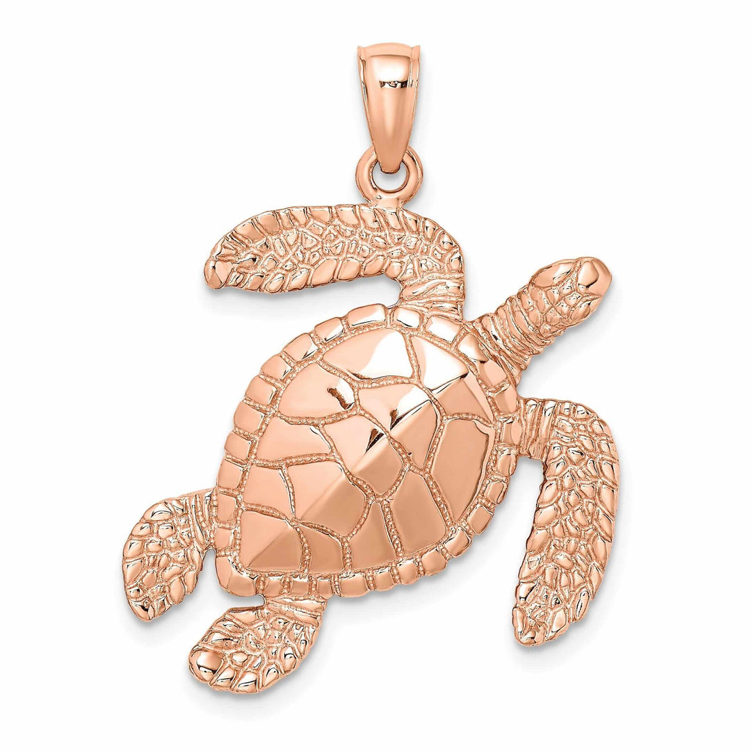 14K Rose Gold Large Solid Casted Polished and Textured Finish Swimming Sea Turtle Charm Pendant