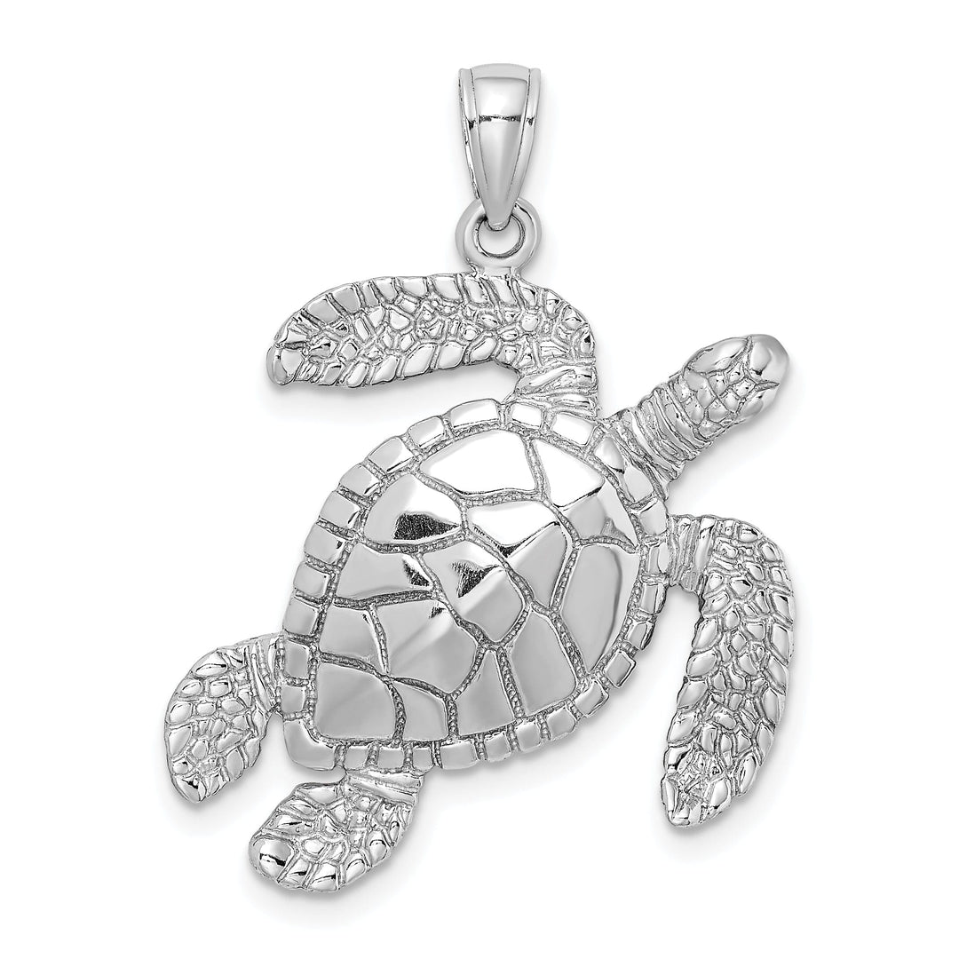 14K White Gold Large Solid Casted Polished and Textured Finish Swimming Sea Turtle Charm Pendant