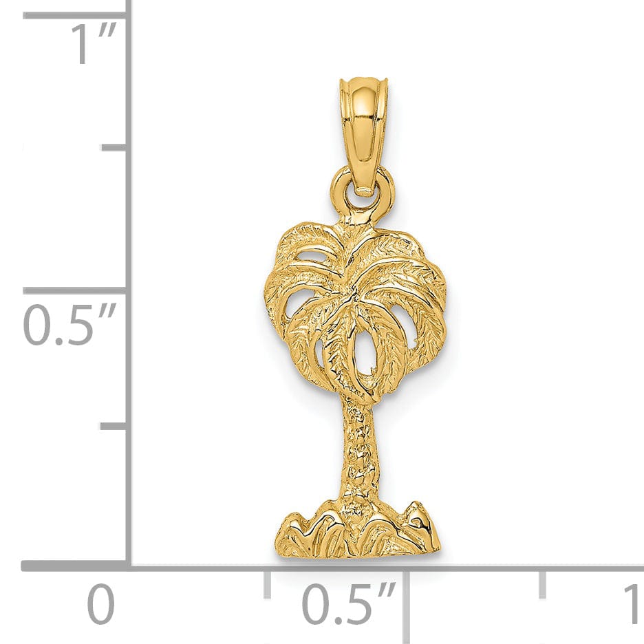 14K Yellow Gold Polished Texture Finish 2-Dimensional Concave Shape Palm Tree Charm Pendant