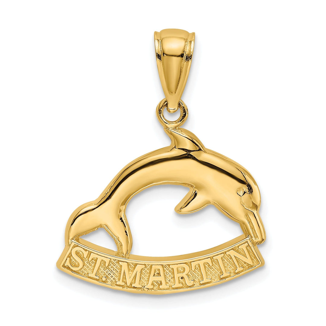 14K Yellow Gold Polished Finish Flat Back 2-Dimensional ST. MARTIN With Dolphin Charm Pendant