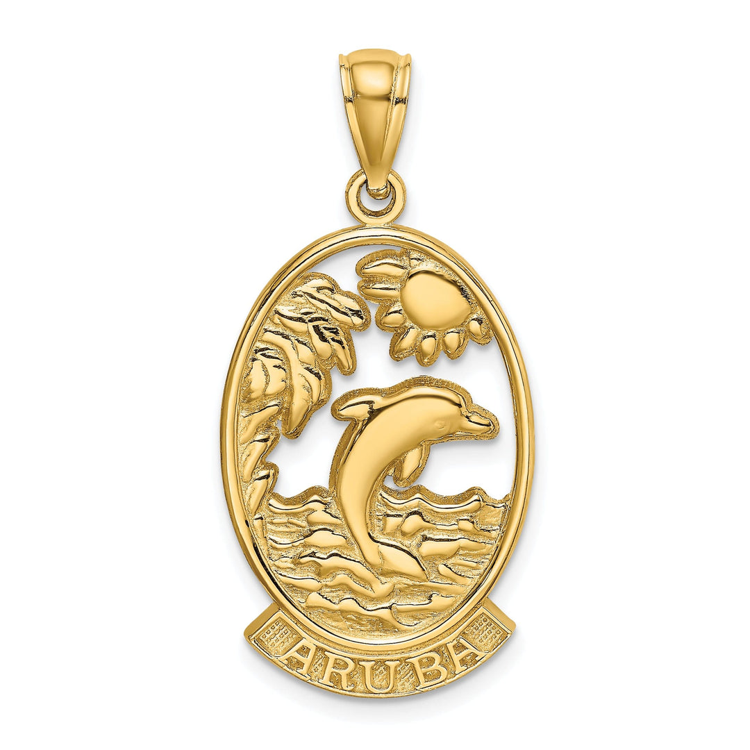 14K Yellow Gold Polished Finish Flat Back ARUBA With Dolphin Sunset Design In Oval Shape Frame Charm Pendant