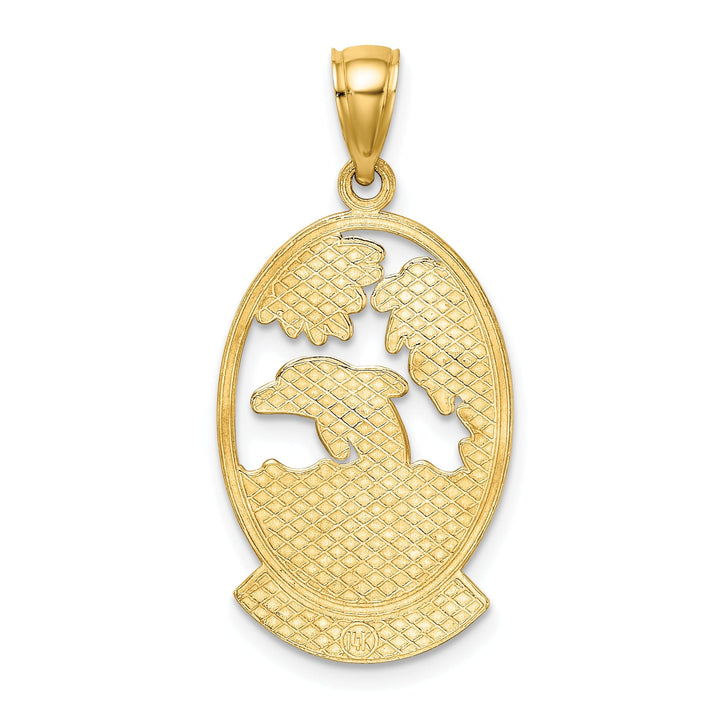 14K Yellow Gold Polished Finish BARBADOS with Dolphin Sunset Scene Design Oval Charm Pendant