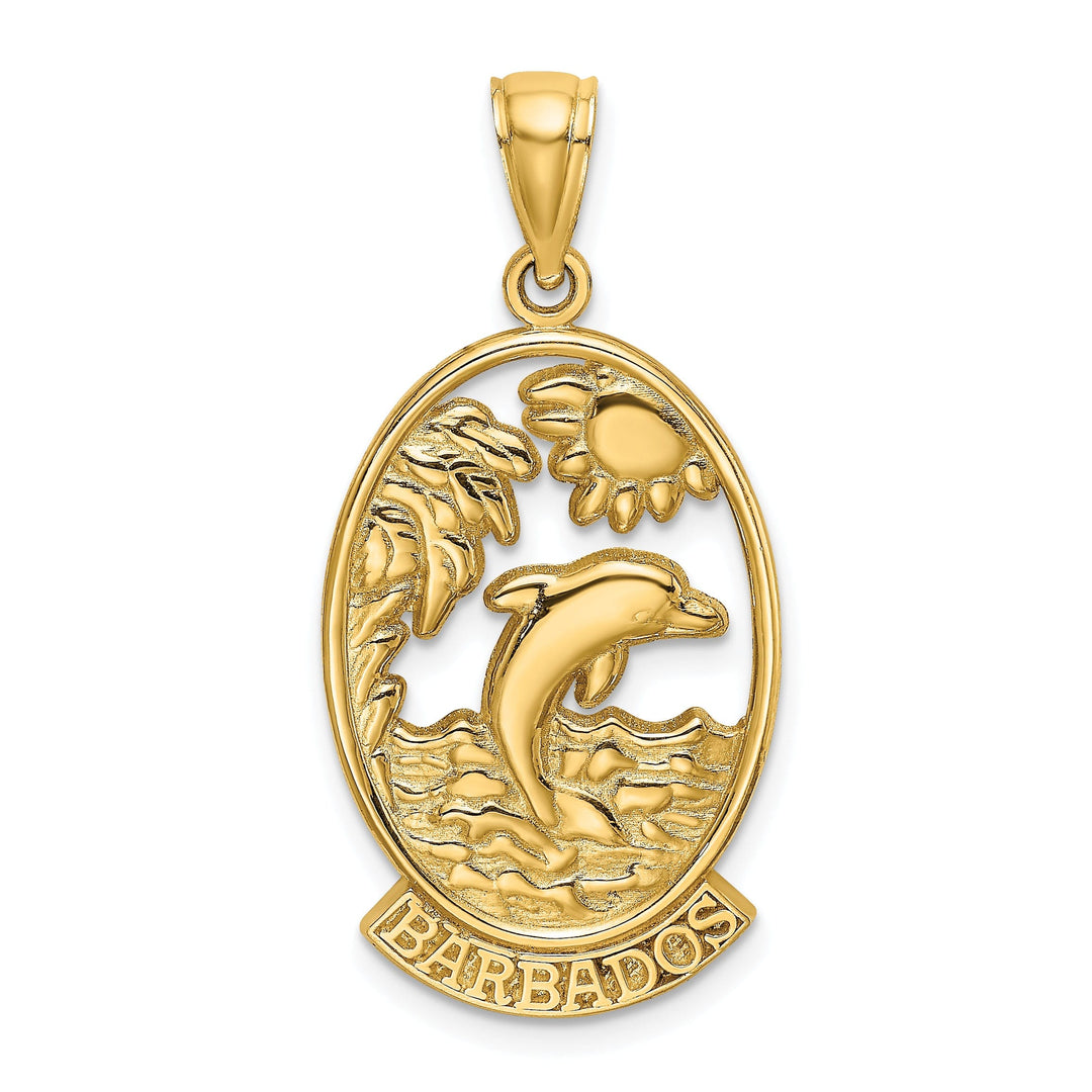 14K Yellow Gold Polished Finish BARBADOS with Dolphin Sunset Scene Design Oval Charm Pendant