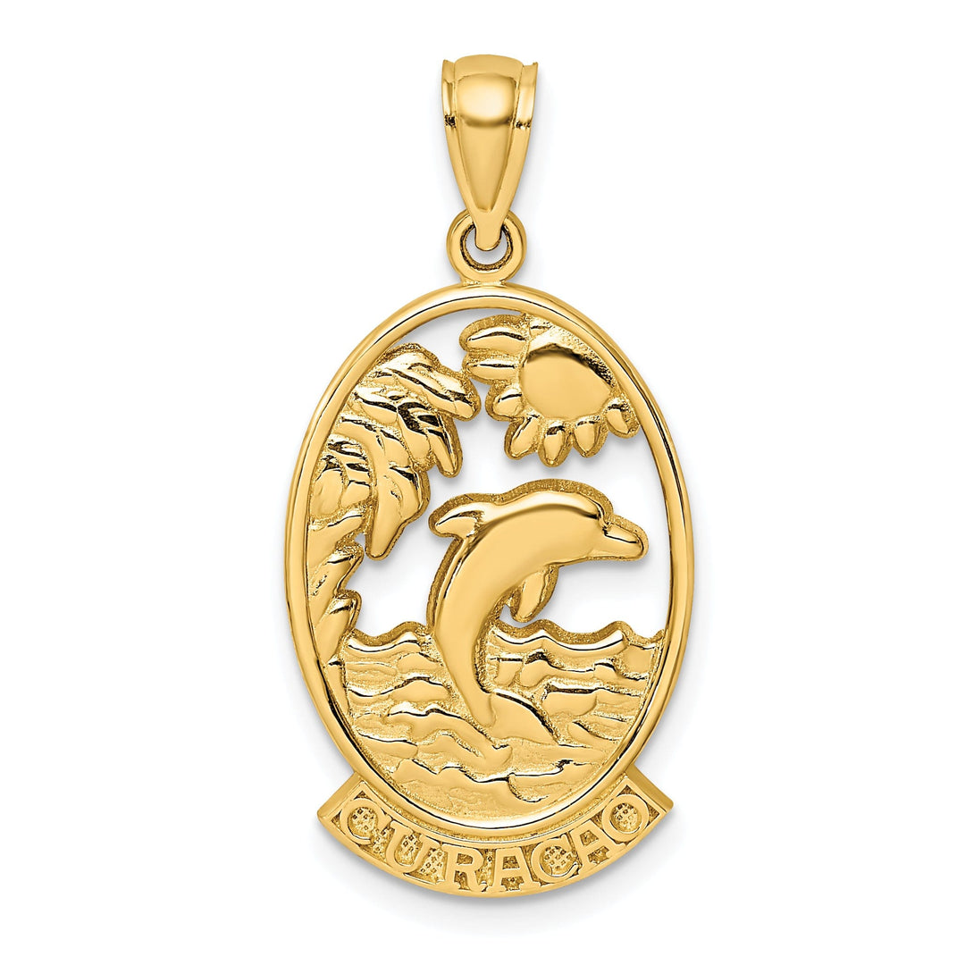 14K Yellow Gold Polished Finish Flat Back CURACAO With Dolphin Sunset Design In Oval Shape Frame Charm Pendant