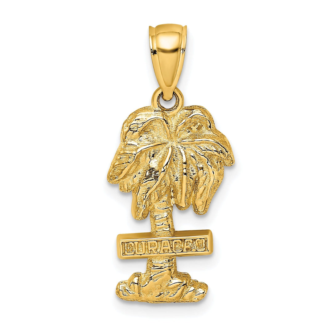 14K Yellow Gold Polished Finish Flat Back 2-Dimensional CURACAO On Palm Tree Design Charm Pendant