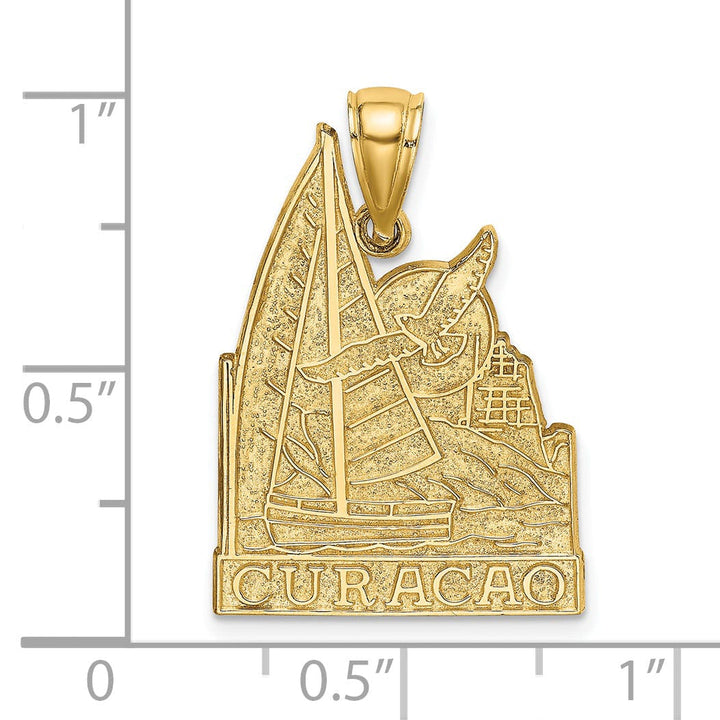 14K Yellow Gold Flat Back Polished Finish CURACAO With Sailboat and Seagull Scene Design Charm Pendant