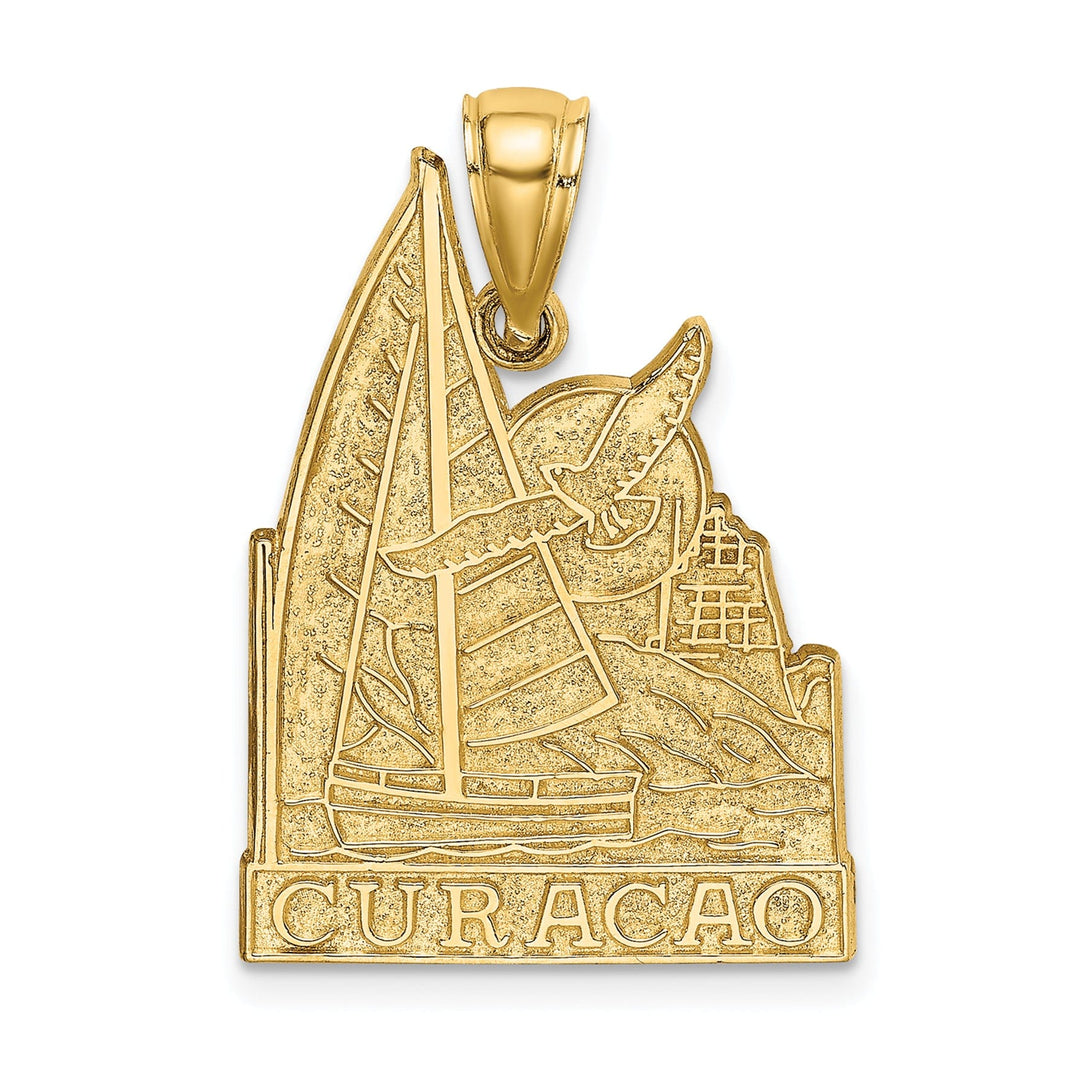 14K Yellow Gold Flat Back Polished Finish CURACAO With Sailboat and Seagull Scene Design Charm Pendant