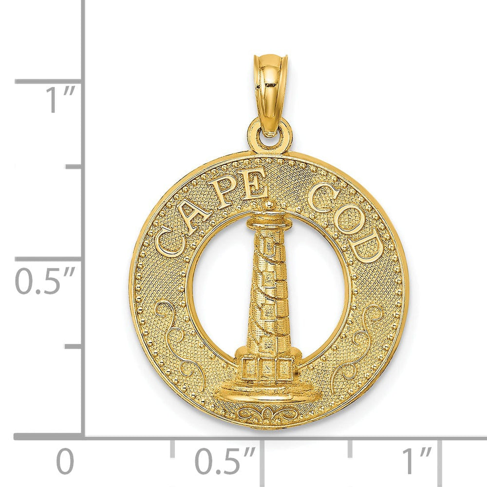 14K Yellow Gold Polished Textured Finish CAPE COD Lighthouse in Circle Design Charm Pendant