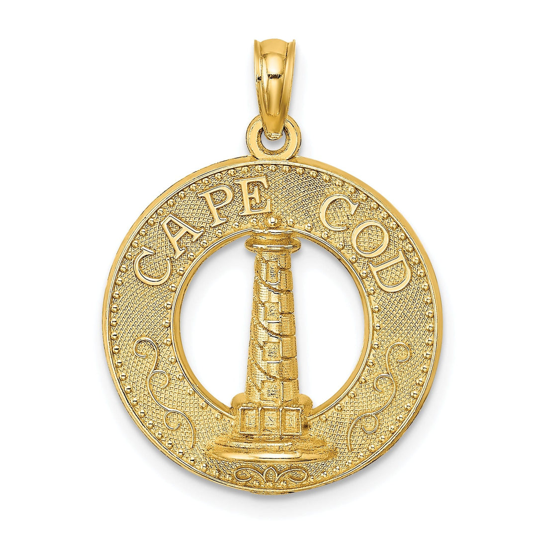 14K Yellow Gold Polished Textured Finish CAPE COD Lighthouse in Circle Design Charm Pendant