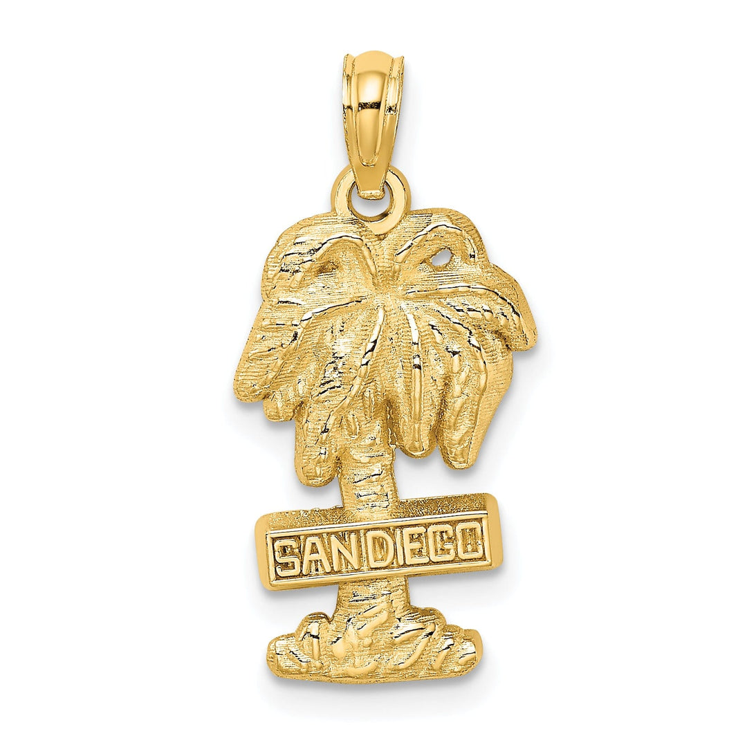14K Yellow Gold Textured Polished Finish SAN DIEGO Sign on Palm Tree Charm Pendant