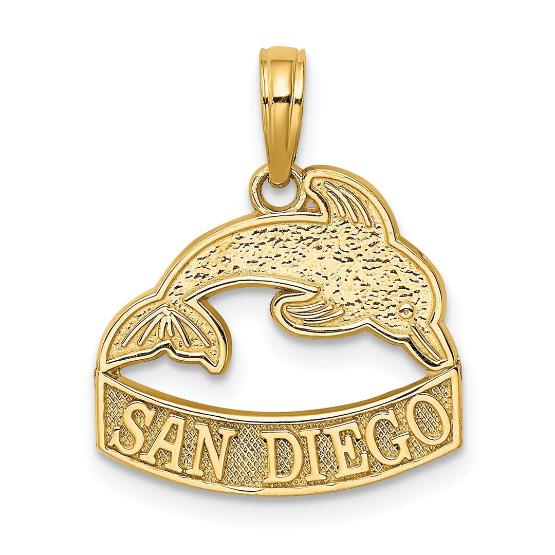 14K Yellow Gold Polished Textured Finish SAN DIEGO Banner Sign Dolphins Charm Pendant