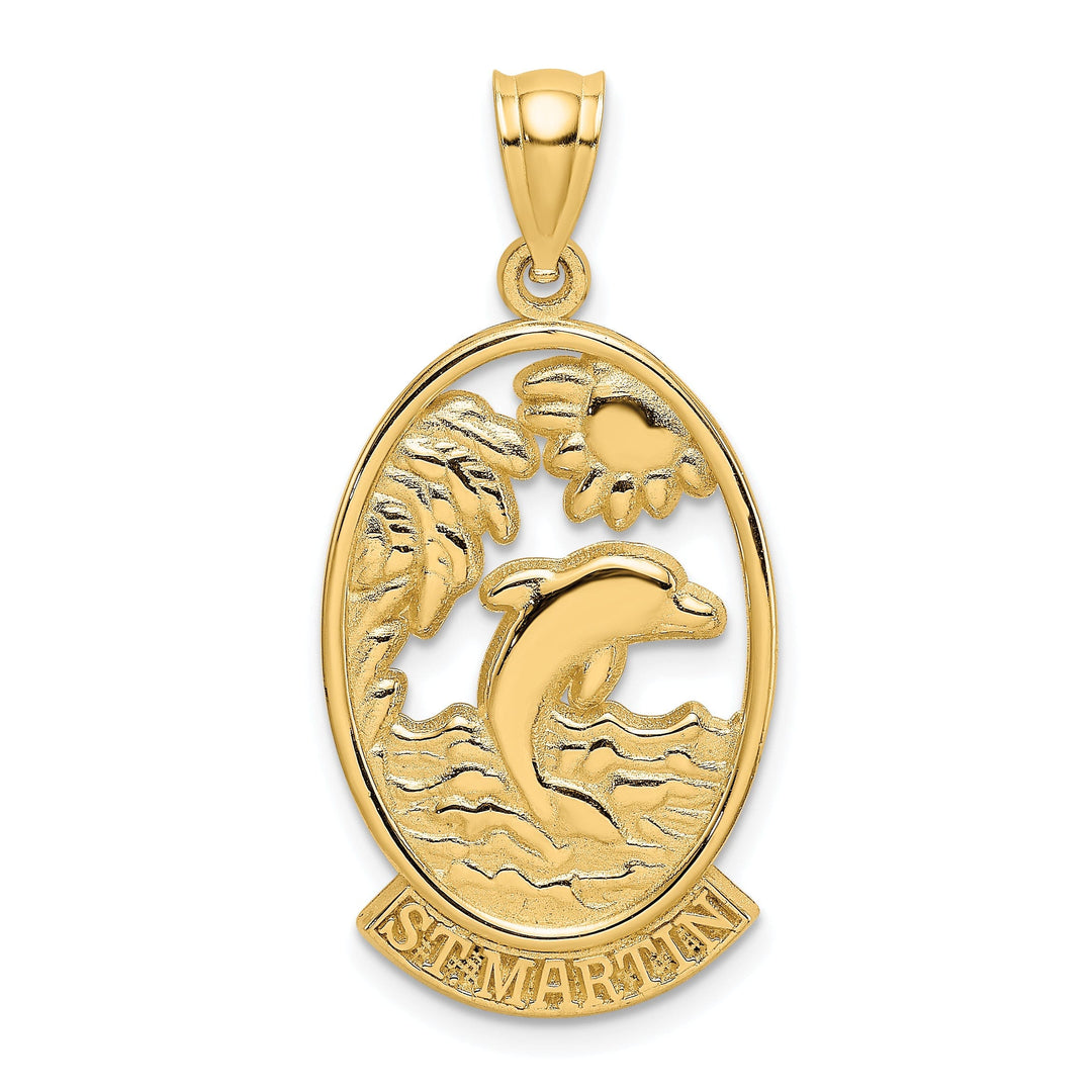 14K Yellow Gold Polished Finish Flat Back Saint MARTIN With Dolphin Sunset Design In Oval Shape Frame Charm Pendant