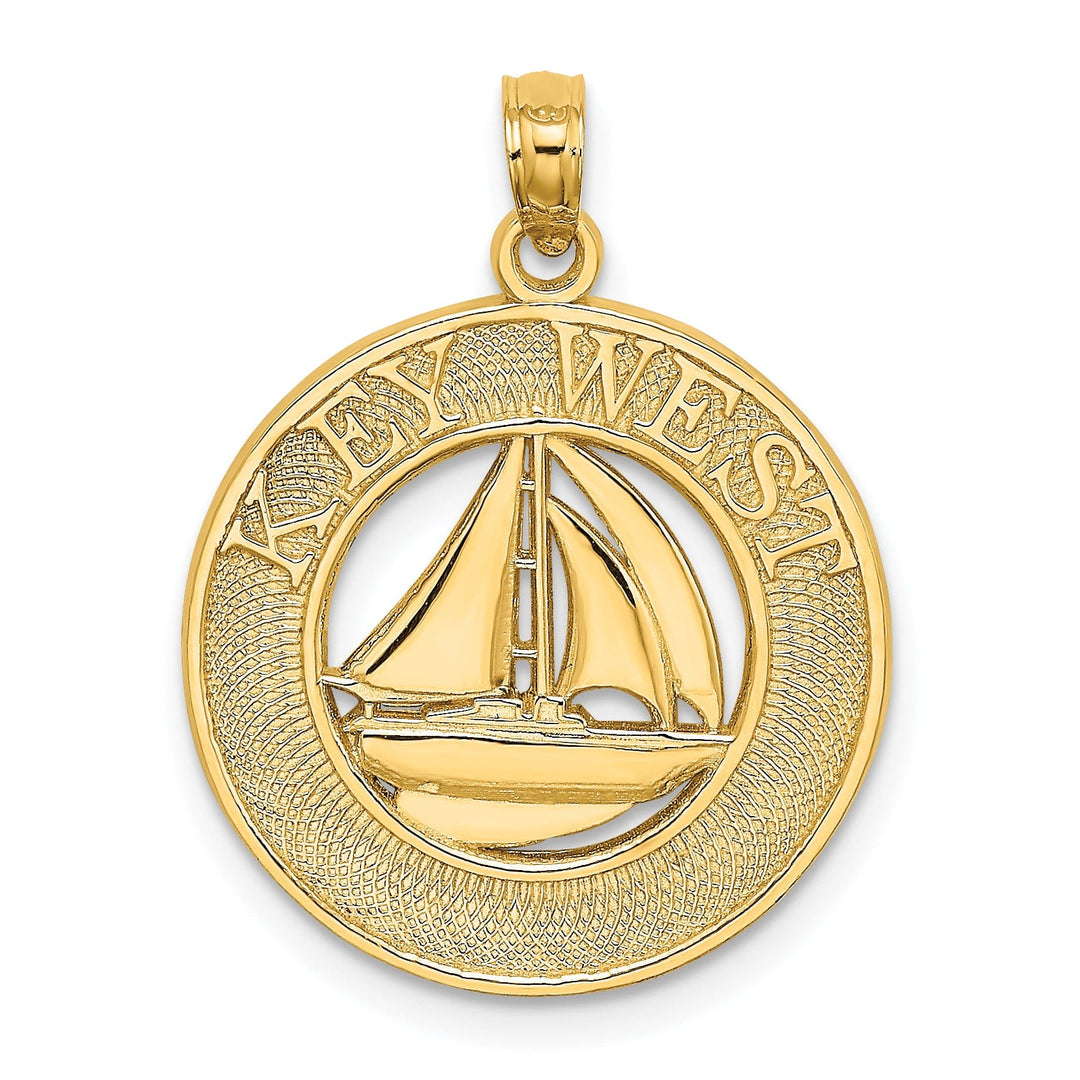 14K Yellow Gold Polished Textured Finish KEY WEST Banner with Sail Boat in Circle Design Charm Pendant
