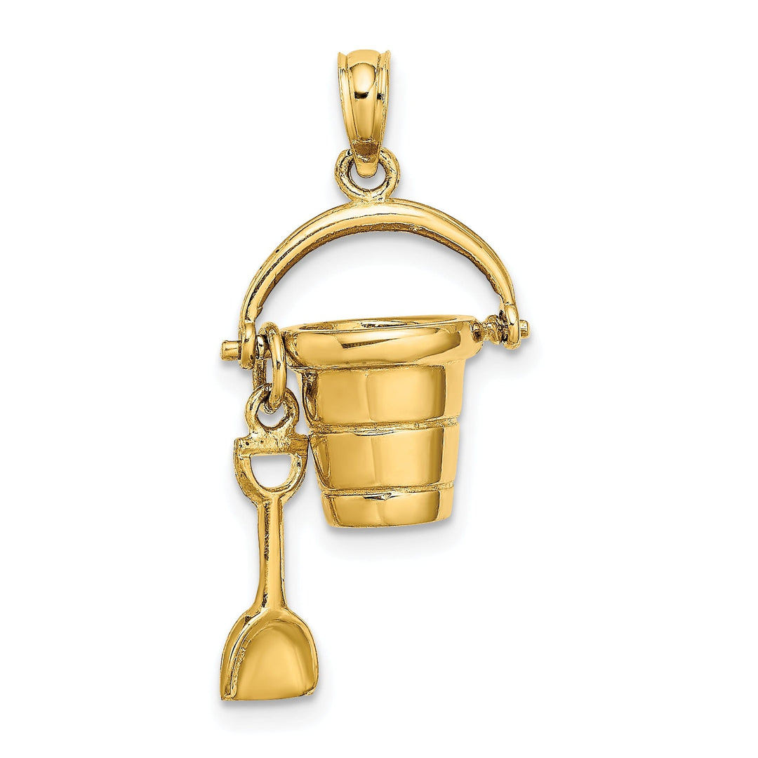 14K Yellow Gold Polished Finish 3-Dimensional CAPE COD Bucket with Shovel Moveable Charm Pendant