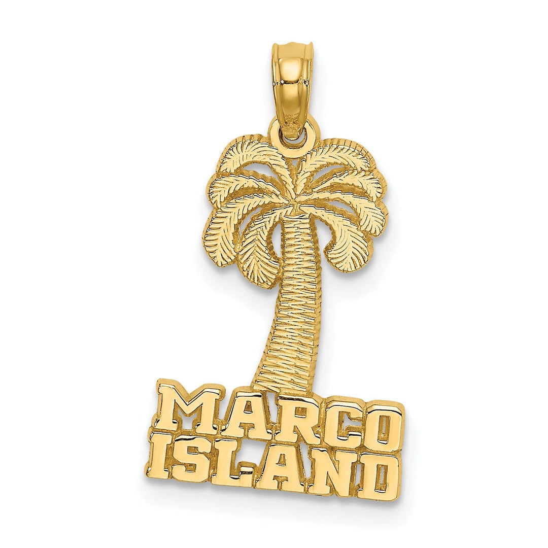 14K Yellow Gold Textured Polished Finish MARCO ISLAND Banner Under Palm Tree Charm Pendant