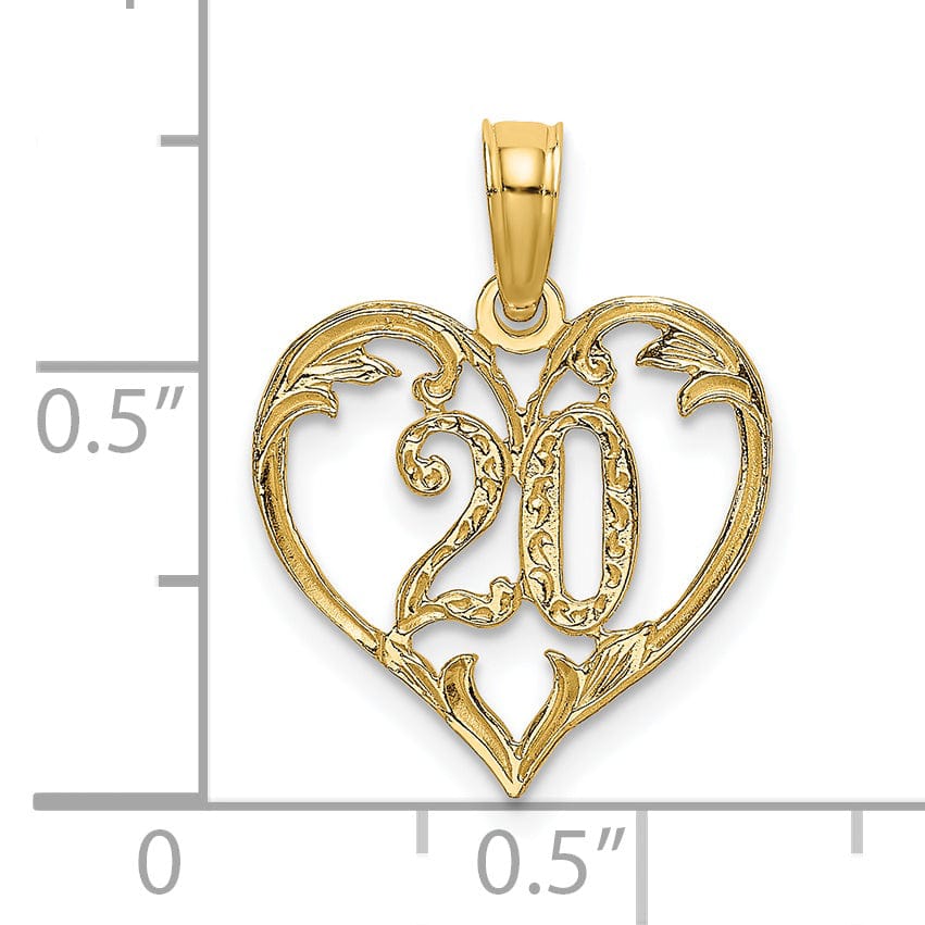 14K Yellow Gold Solid Polished Textured Finish Age 20 In Heart Shape Design Charm Pendant