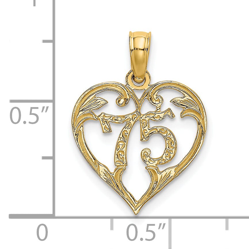 14K Yellow Gold Solid Polished Textured Finish Age 75 In Heart Shape Design Charm Pendant