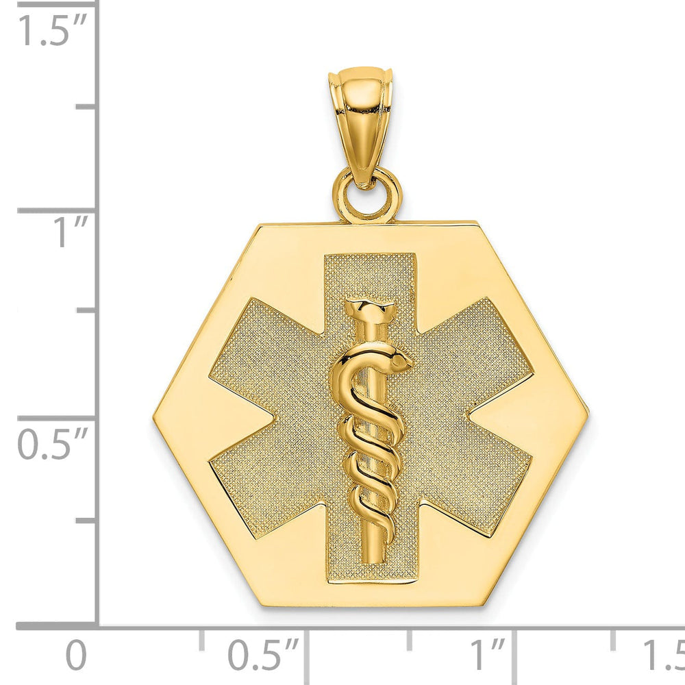 14K Yellow Gold Textured Back Polished Finish Caduceus Medical Disc Hexagon Shape Charm Pendant