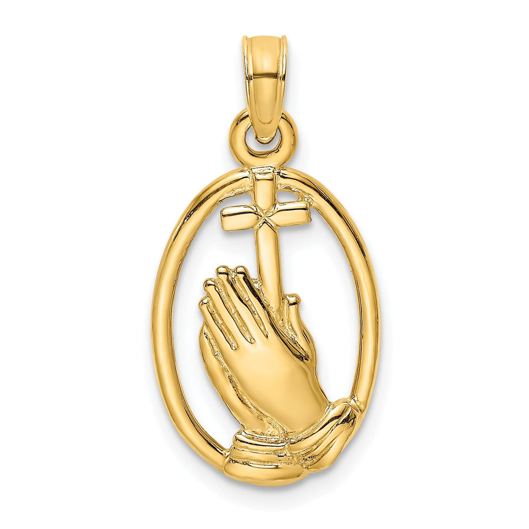14K Yellow Gold Praying Hands holding Cross In Oval Design Pendant