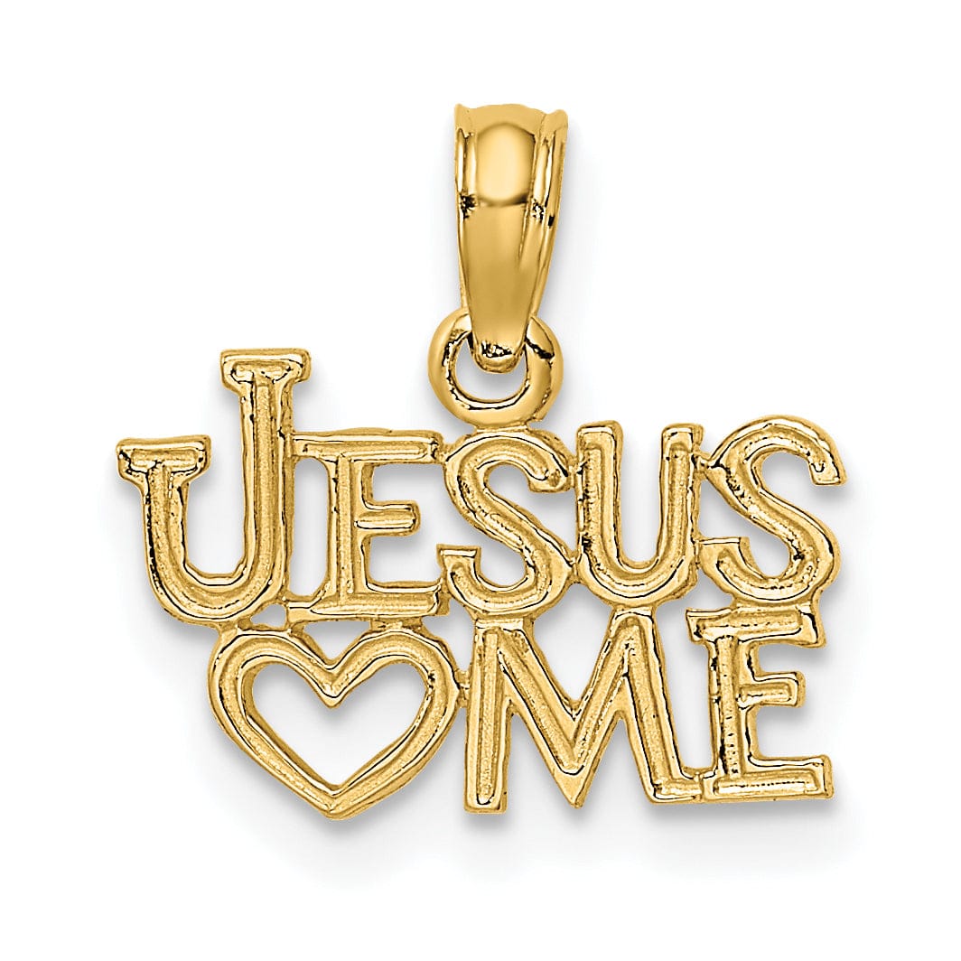 14K Yellow Gold Texture Polished JESUS ME Script with Heart Pendant