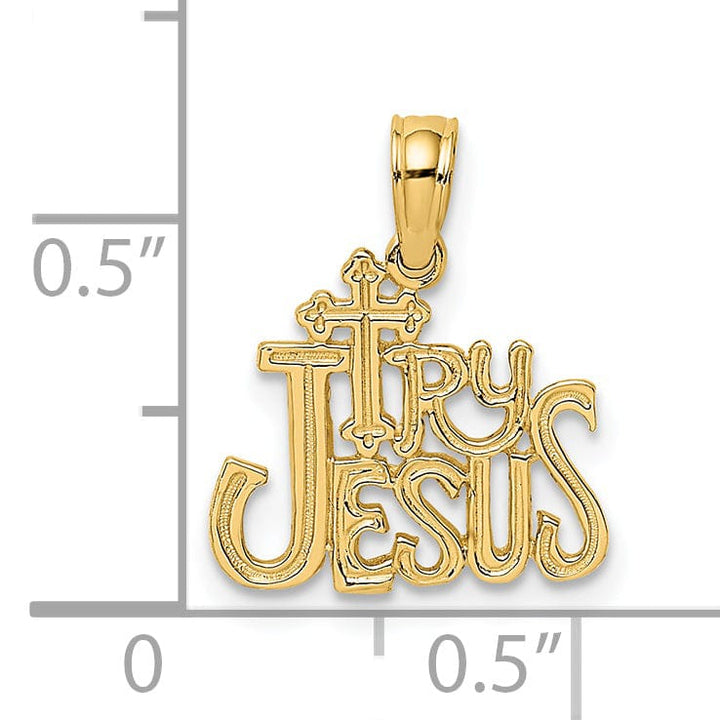14K Yellow Gold Texture Polished Try JESUS Script with Cross Pendant