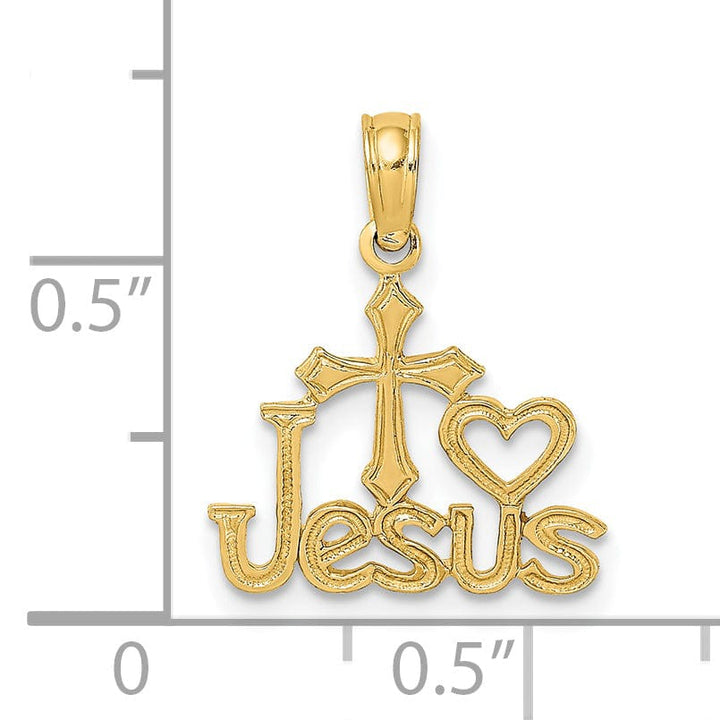 14K Yellow Gold Texture Polished JESUS Script with Cross Heart Pendant