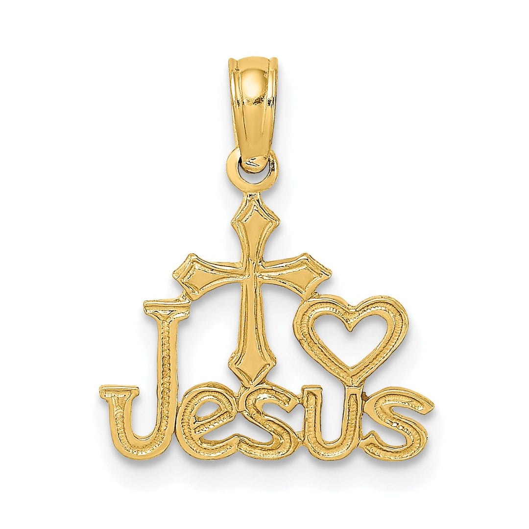 14K Yellow Gold Texture Polished JESUS Script with Cross Heart Pendant