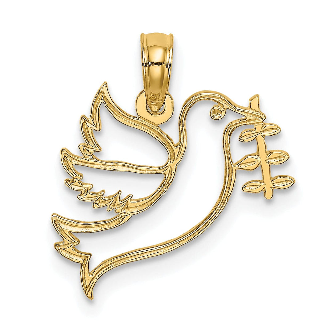 14K Yellow Gold Polished Cut Out Design Dove With Olive Branch Pendant