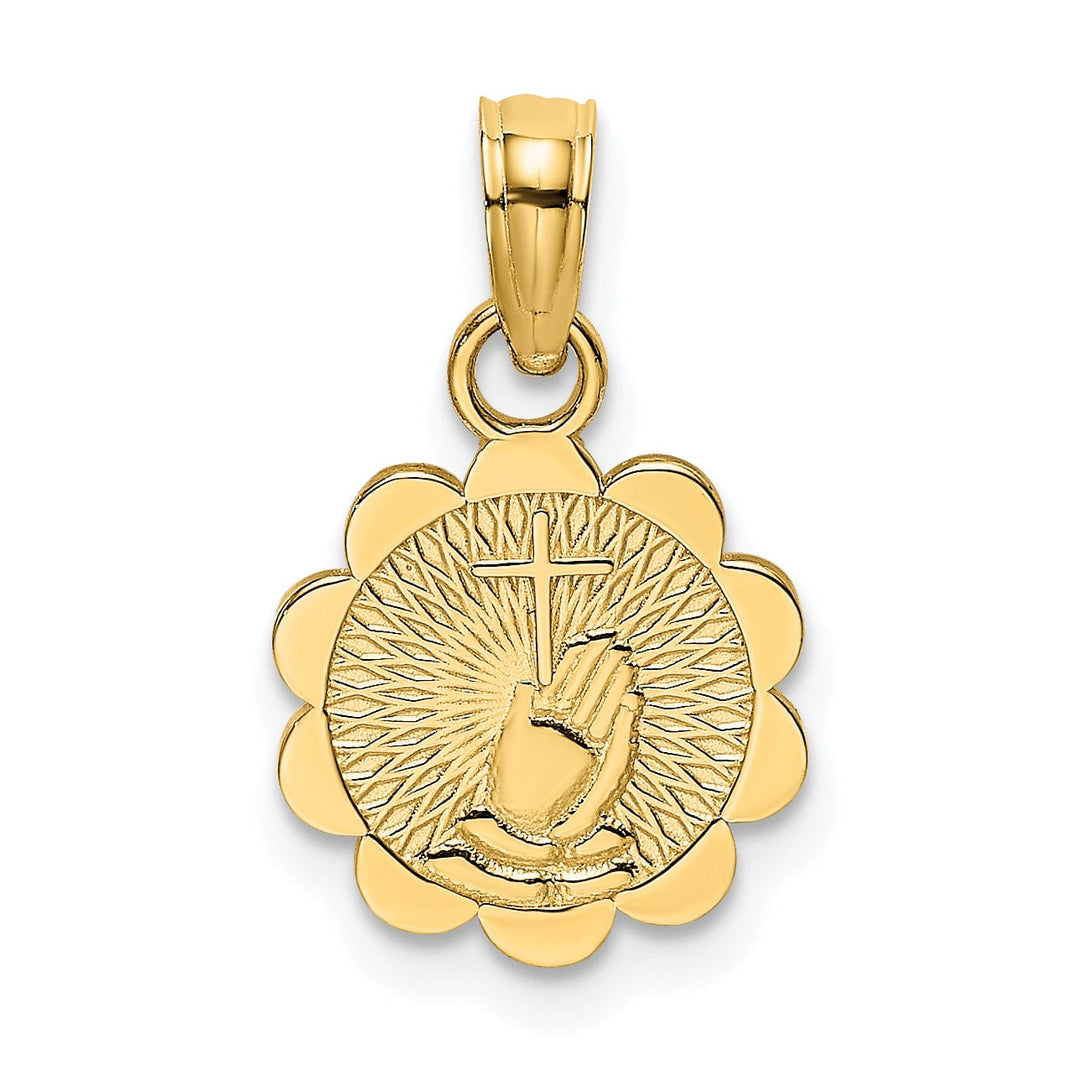 14K Yellow Gold Praying Hands holding Cross In Round Disc Pendant