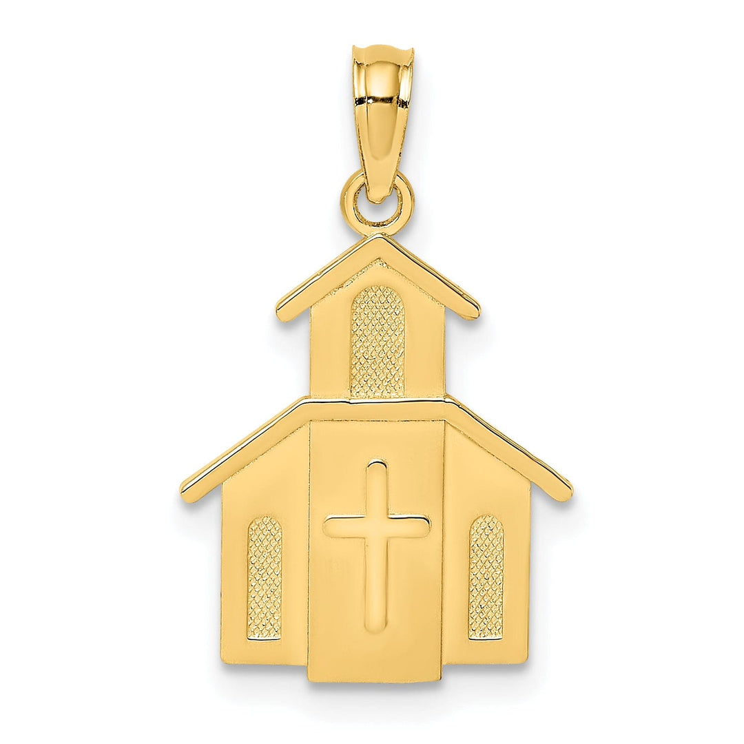 14K Yellow Gold Polished Church with Cross Design On Door Pendant