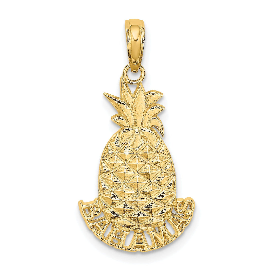 14K Yellow Gold Polished Textured Finish BAHAMAS Under Pineapple Design Charm Pendant