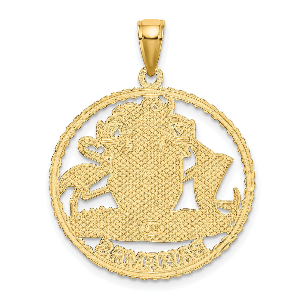 14K Yellow Gold Polished Textured Finish BAHAMAS Crest In Round Frame Design Charm Pendant