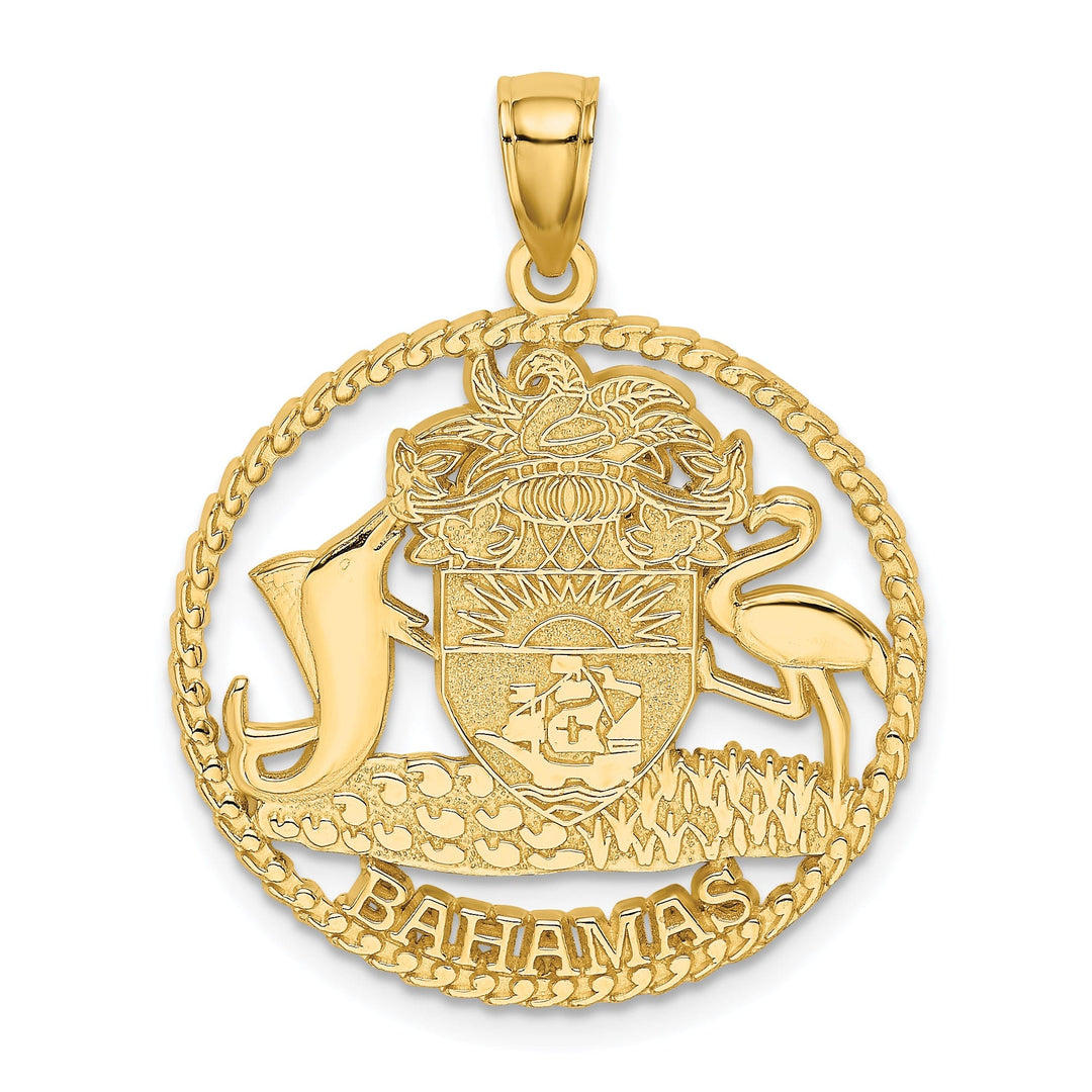 14K Yellow Gold Polished Textured Finish BAHAMAS Crest In Round Frame Design Charm Pendant