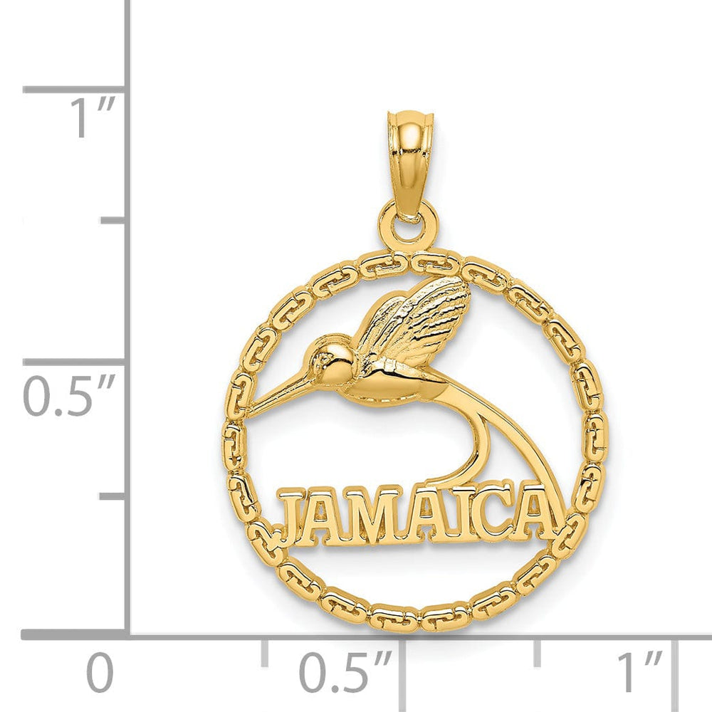 14K Yellow Gold Polished Textured Finish JAMAICA with Humming Bird in Circle Design Charm Pendant