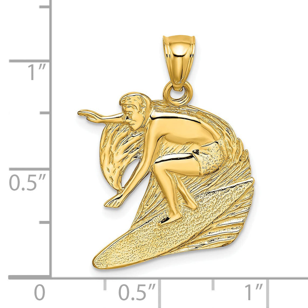 14K Yellow Gold Polished Finish Flat Back Graved Surfer in Wave Charm Pendant