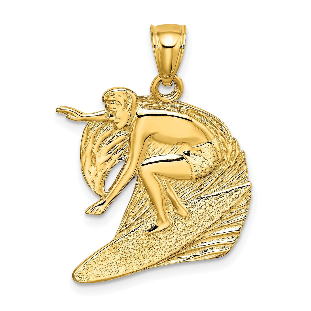 14K Yellow Gold Polished Finish Flat Back Graved Surfer in Wave Charm Pendant