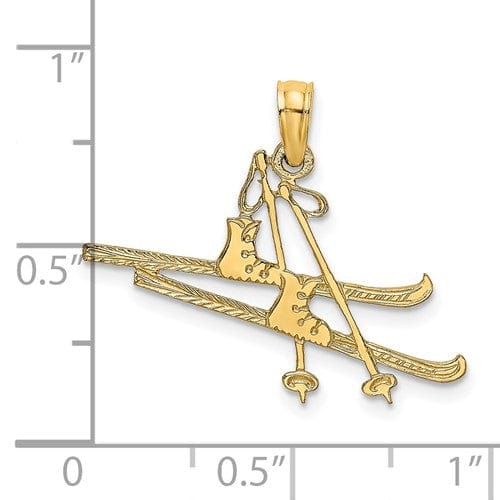 14k Yellow Gold Textured Polished Finish Open Back Snow Skis, Boots, and Pole Charm Pendant