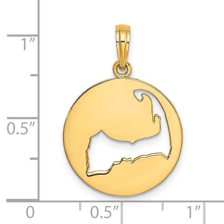 14K Yellow Gold Polished Texture Finish Cut Out Map Shape of CAPE COD In Circle Design Charm Pendant