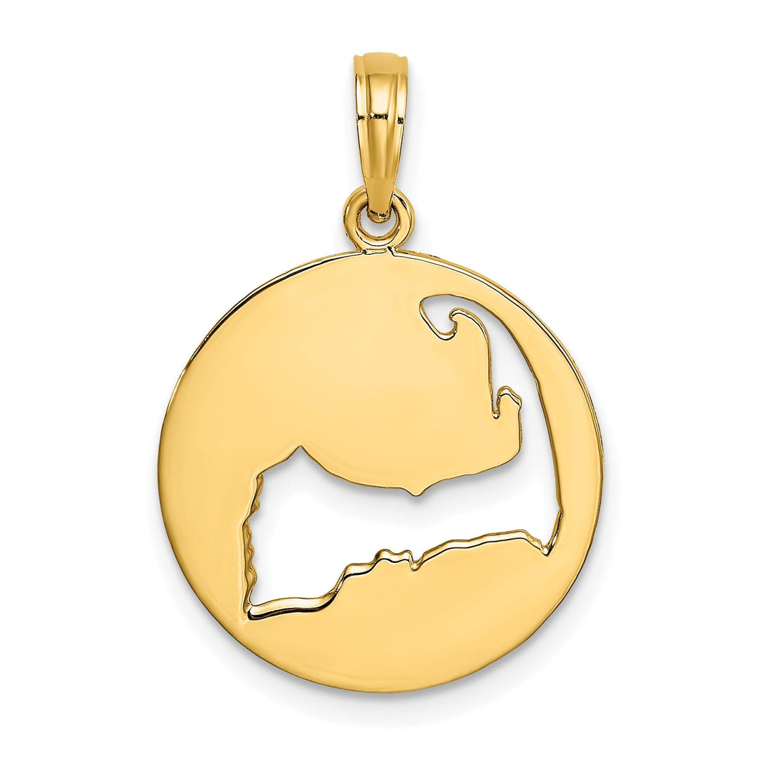 14K Yellow Gold Polished Texture Finish Cut Out Map Shape of CAPE COD In Circle Design Charm Pendant