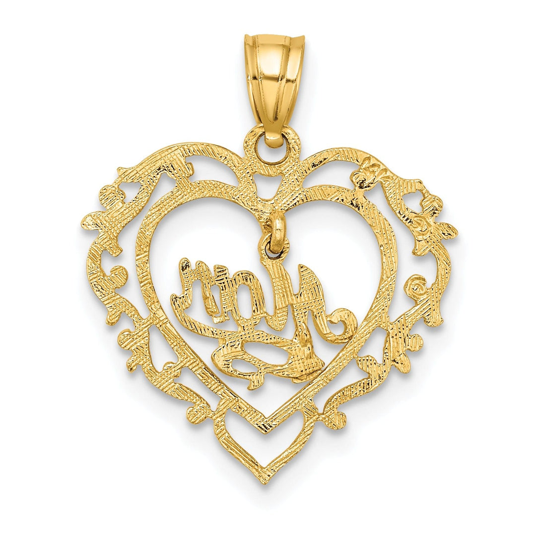 14K Yellow Gold Polished Finish MOM Dangle in Fancy Design Heart Shape Charm Pendant