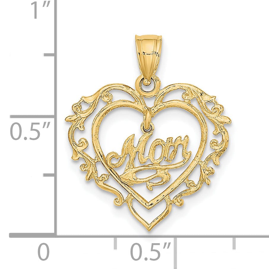 14K Yellow Gold Polished Finish MOM Dangle in Fancy Design Heart Shape Charm Pendant
