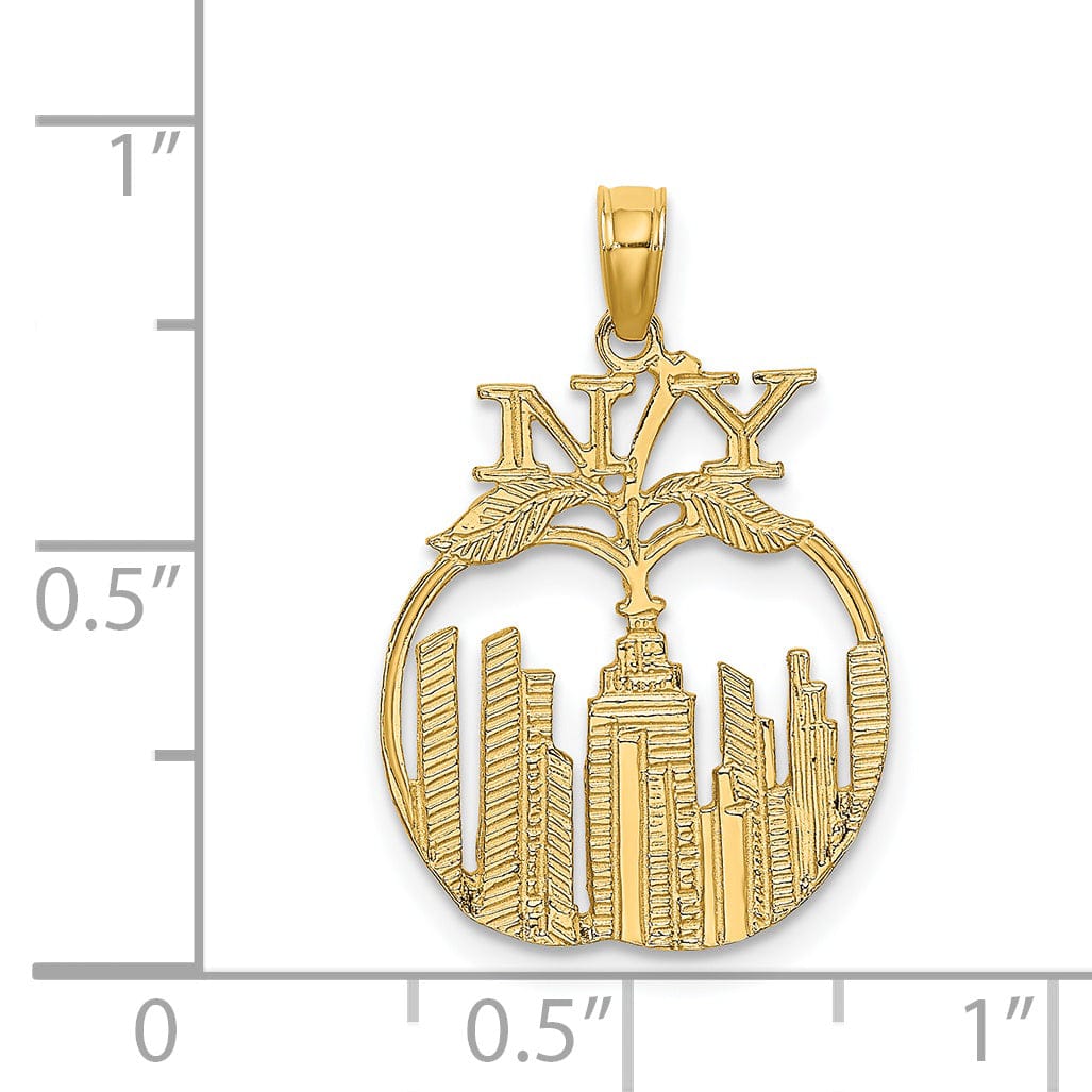 14K Yellow Gold Textured Polished Finish New York Skyline in Apple Theme Charm Pendant